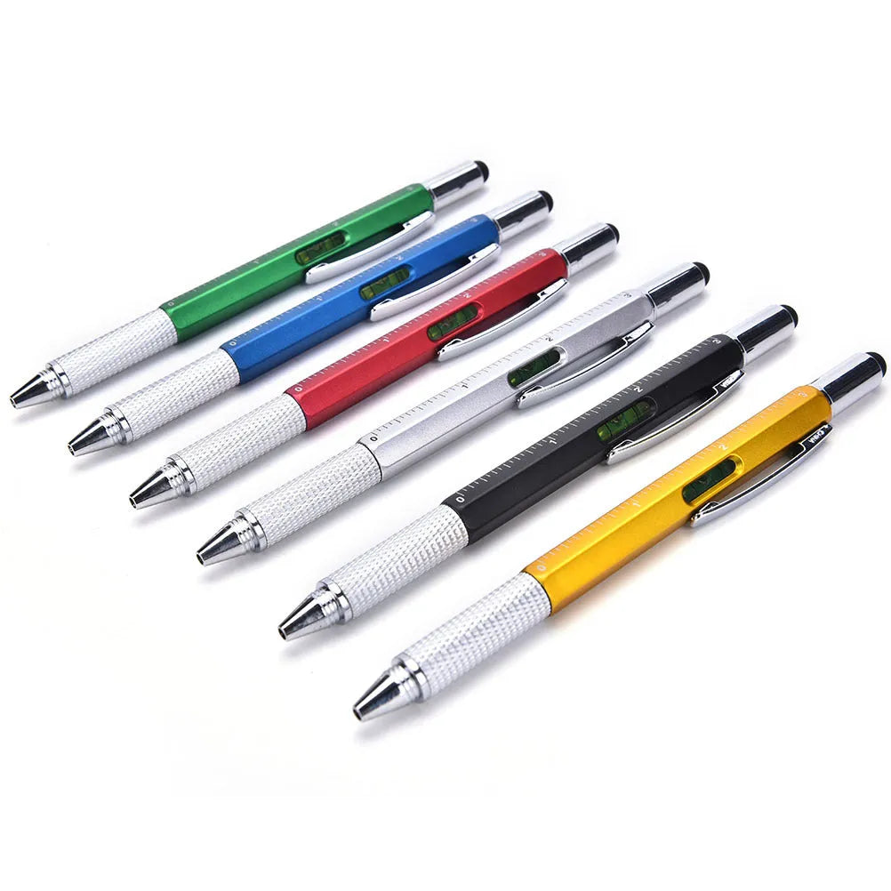 Multi-function 6 in 1 touch screen stylus ballpoint pen with spirit level and screwdrivers in black, blue, green, red, silver, yellow