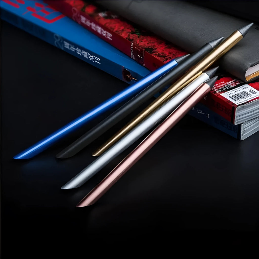 Silver inkless metal pen with 0.5mm nib, spare nib, and black pen bag on wooden table.