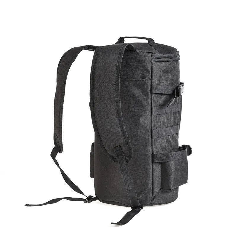 Black cylinder fishing tackle backpack 23L polyester with dual shoulder straps