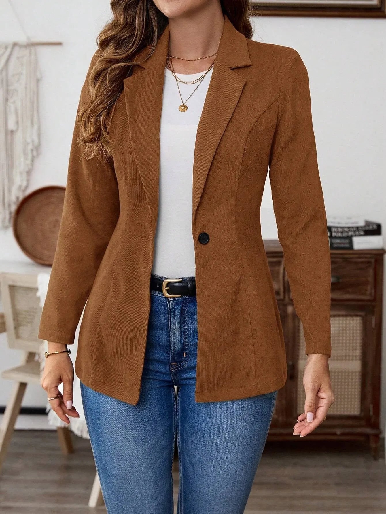 Brown single-breasted lapel leisure suit coat with long sleeves