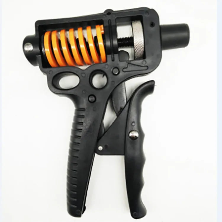 Black adjustable finger trainer grip strength exerciser with ABS and metal construction on a plain background
