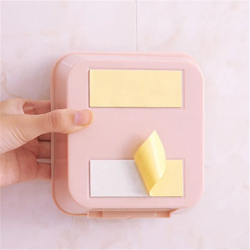 PP plastic paste wall storage box in Nordic blue with adhesive sticker mount, sealed lid, on a clean wall