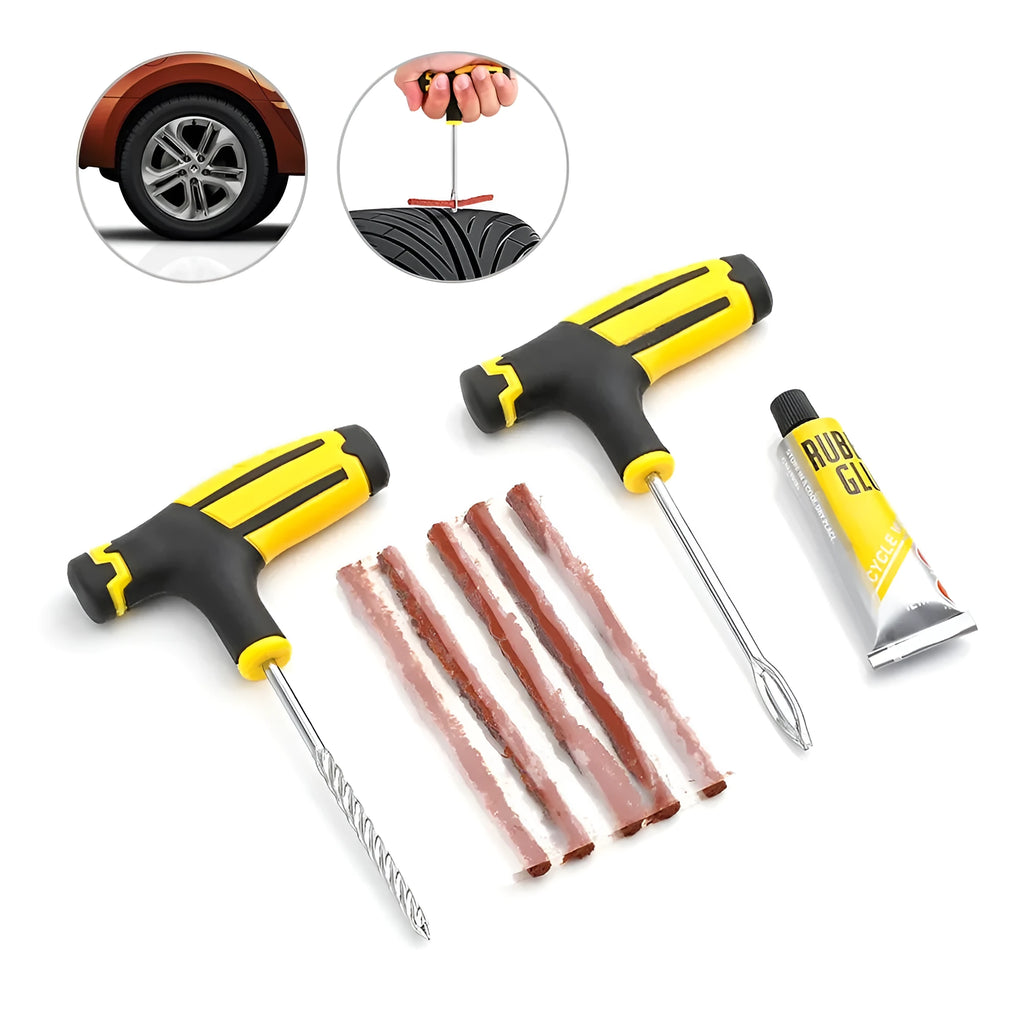 Yellow car tire repair kit with scraper, needle, glue, and 5 rubber strips in blister card packaging, size 16x25.5 cm
