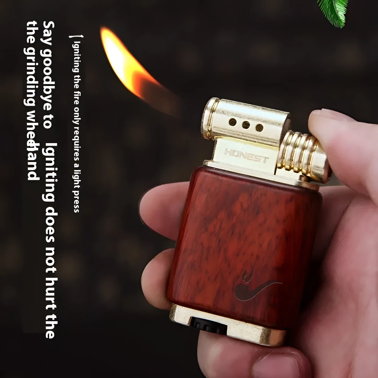 Decorative ebony gas lighter with carved wooden finish in multiple design options