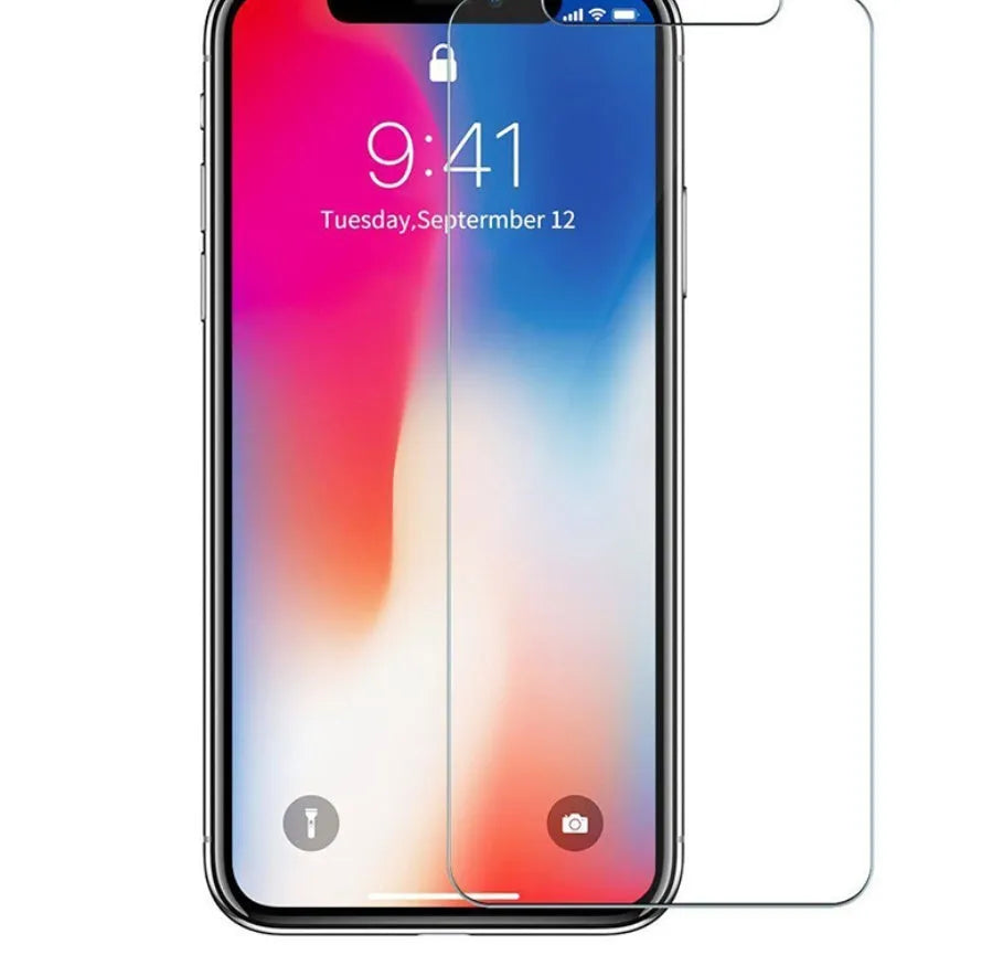 Tempered glass screen protector with 9H hardness for iPhone and Samsung phones.