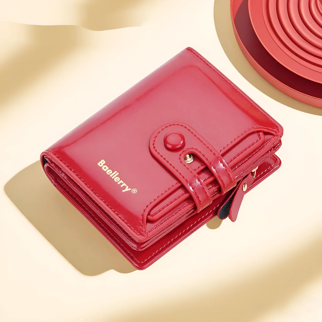 Women's PU leather card holder wallet shown in multiple colour options including black, pink, and blue.