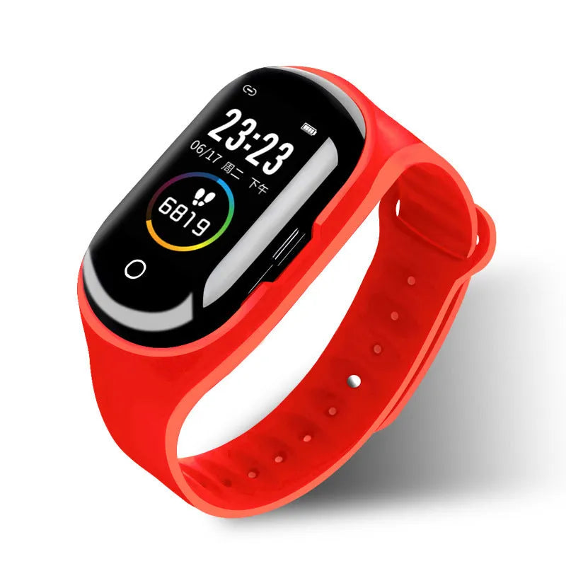 Smart bracelet and wireless earphone combo in silicone with touchscreen display showing fitness metrics