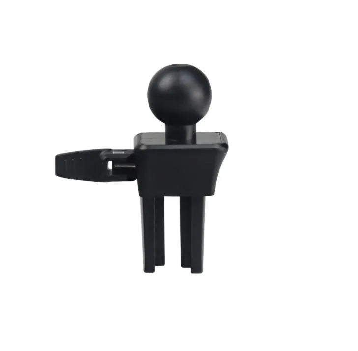 Black universal mobile phone holder attached to a car air conditioning vent.
