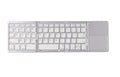 Ultra-thin black tri-fold folding Bluetooth keyboard with touchpad shown in open and closed positions