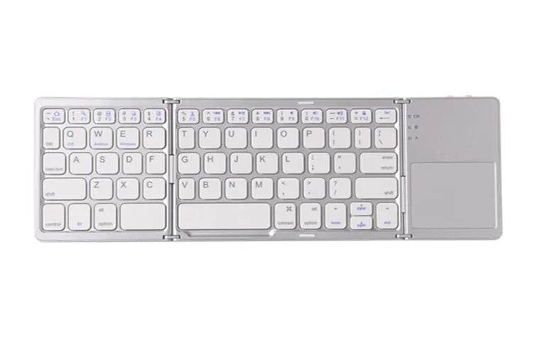 Ultra-thin black tri-fold folding Bluetooth keyboard with touchpad shown in open and closed positions