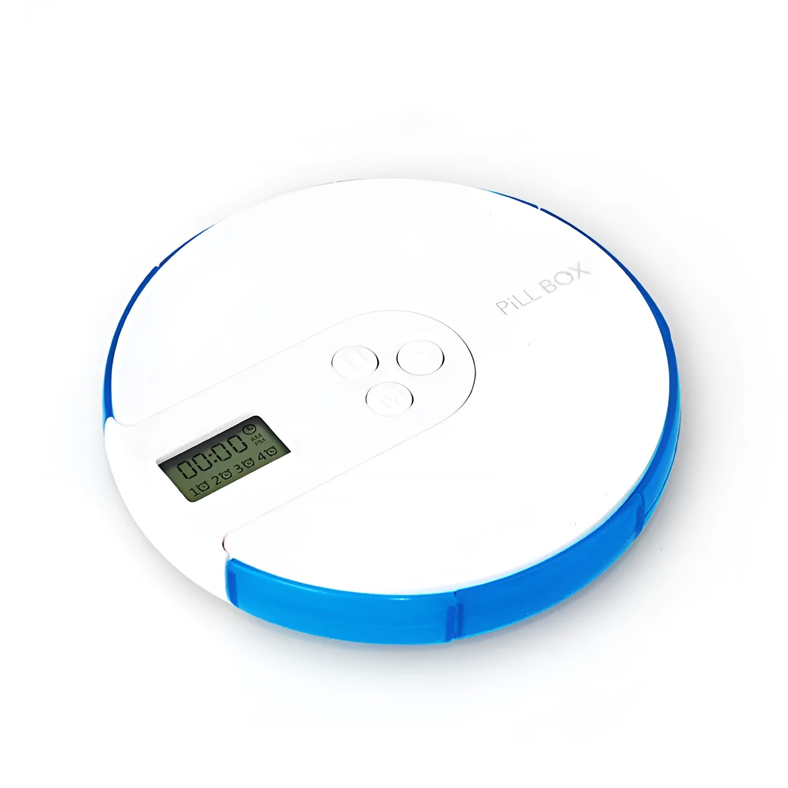 Blue seven-compartment alarm clock pill dispenser with digital display, shown next to pills.