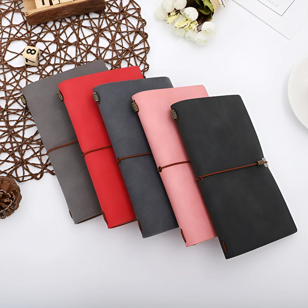 A6 PU leather diary notepad with cowhide rope binding in three colours: grey, pink, red