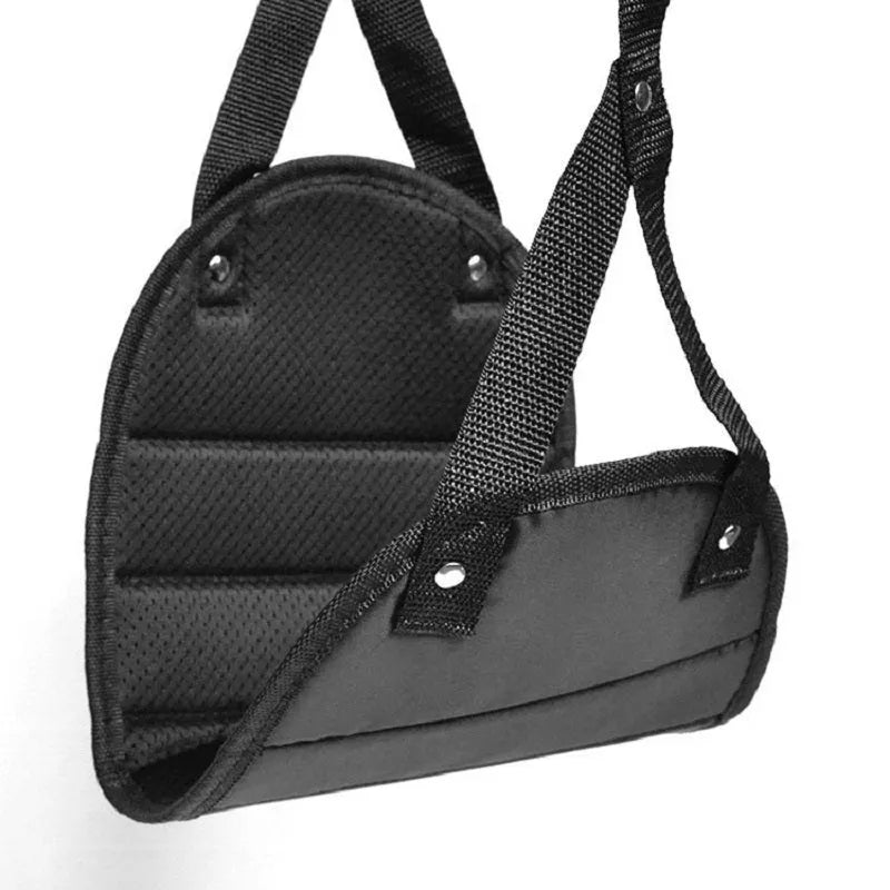 Black Oxford cloth portable foot hammock with adjustable straps for travel airplane use