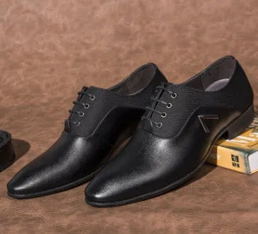 Men's black Oxford business casual shoes with a PU leather upper and rubber sole.
