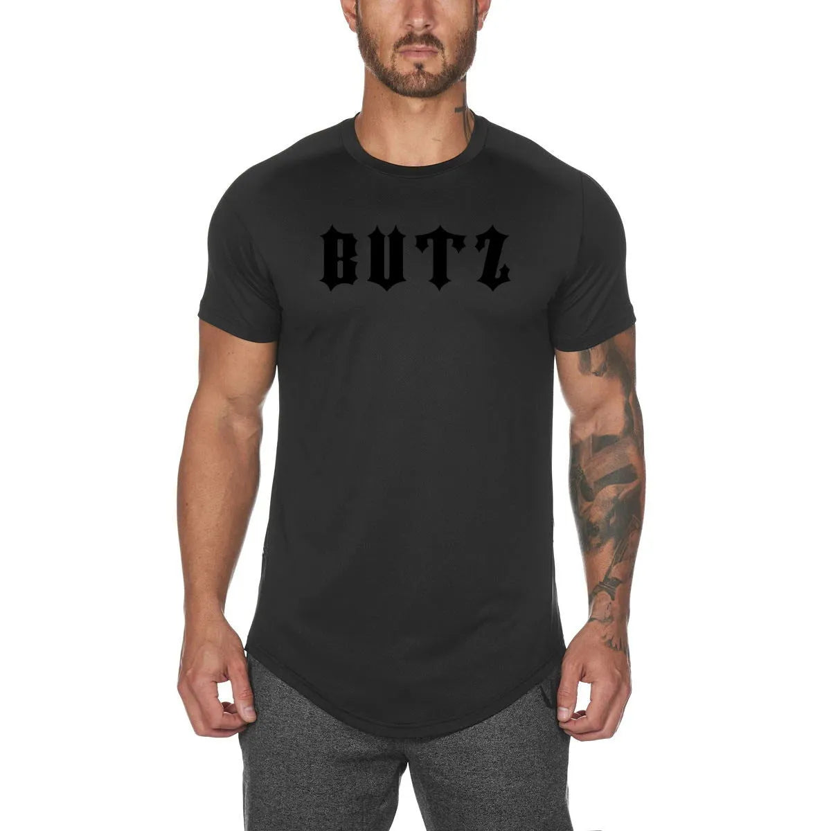 Men's custom plain gym shirt in cotton spandex blend with optional letter print, shown in multiple colour options.