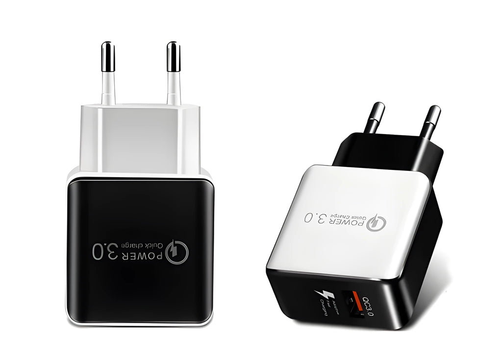 18W Quick Charge 3.0 USB wall charger EU plug in black and white finishes for smartphones