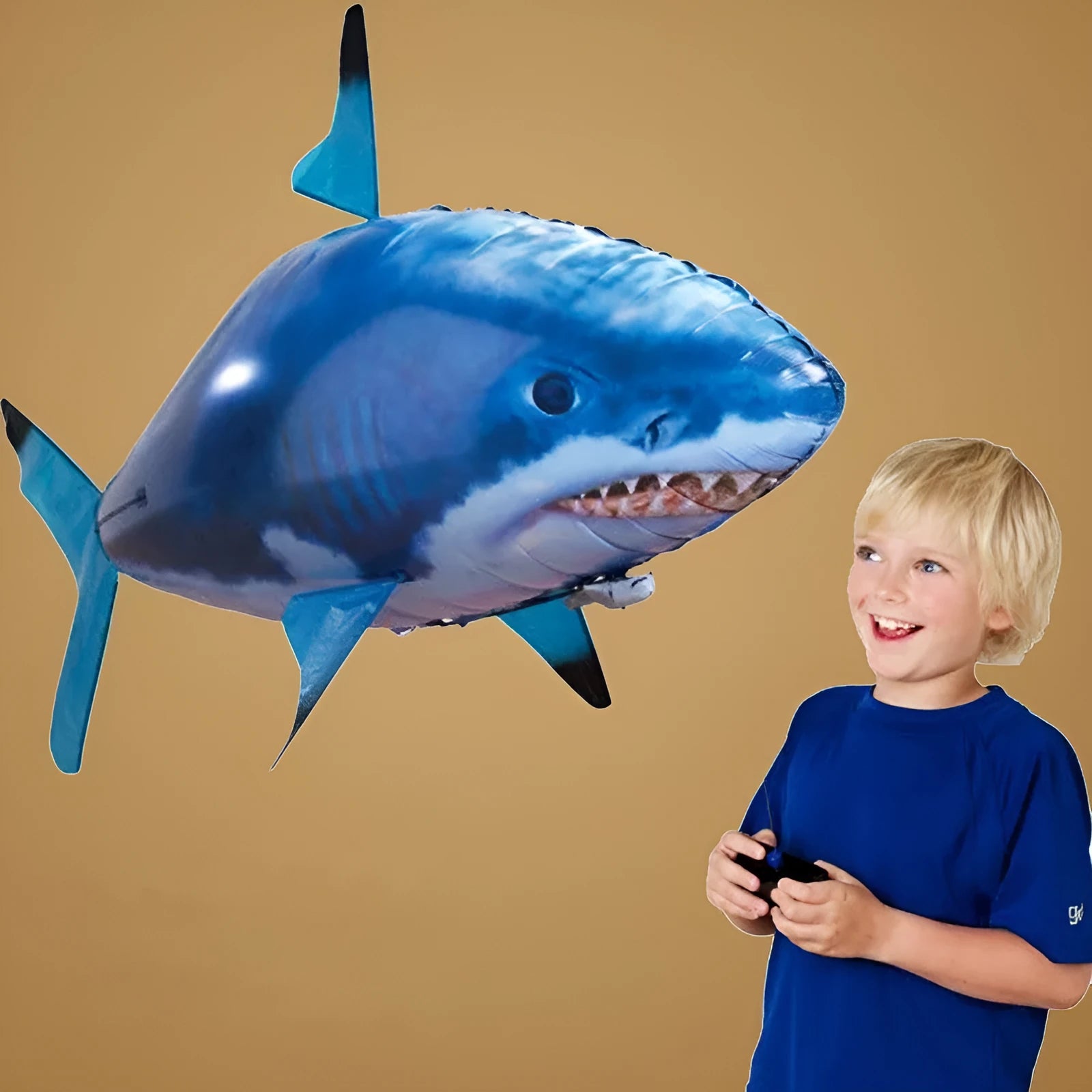 Remote control shark inflatable balloon with infrared controller showing 57-inch length