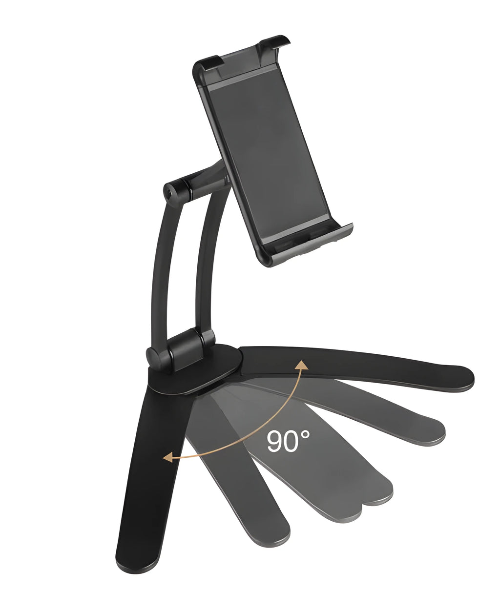Silver aluminium desktop tablet stand with adjustable angle and folding clamp holding a tablet.