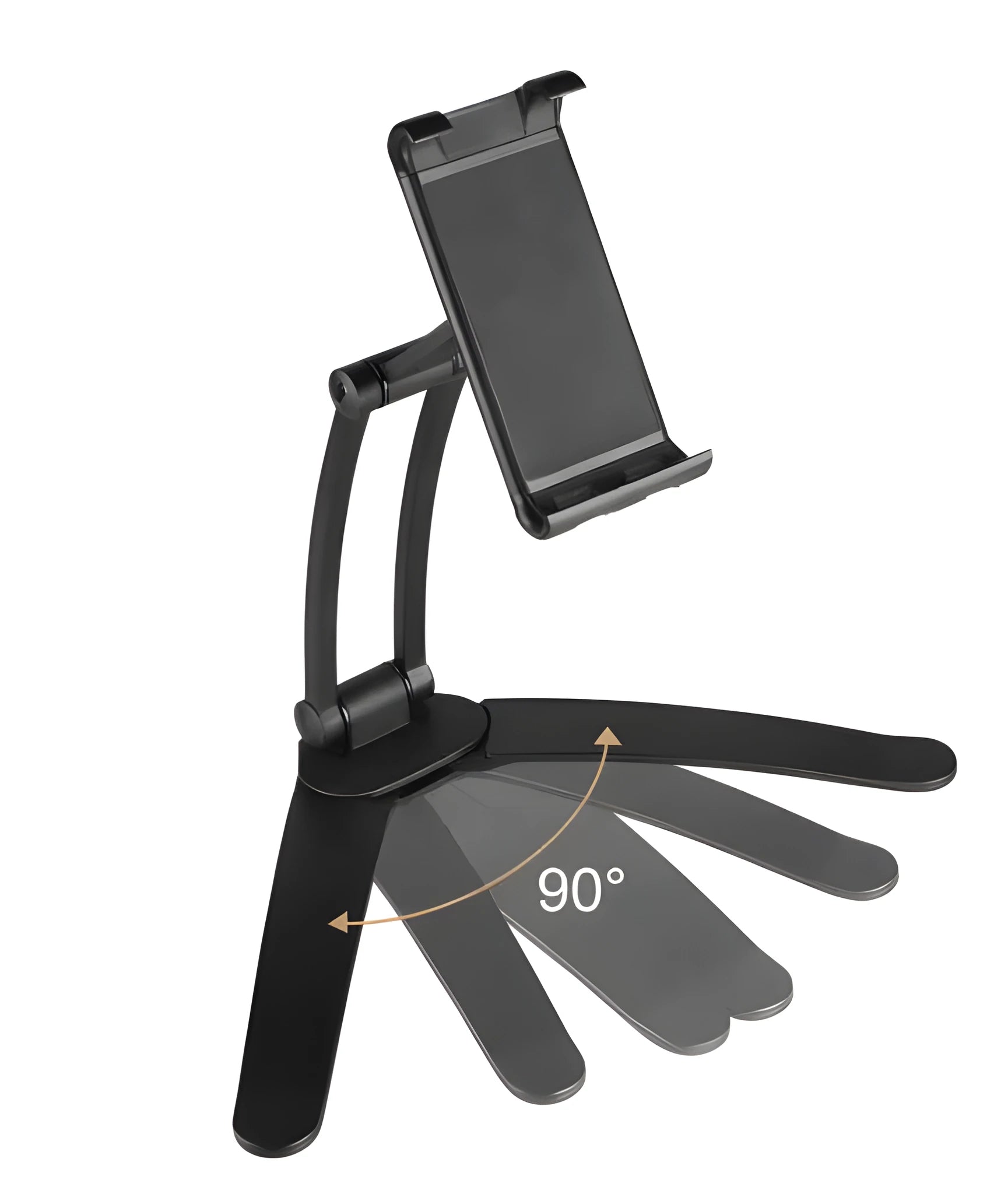 Silver aluminium desktop tablet stand with adjustable angle and folding clamp holding a tablet.