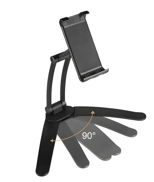 Silver aluminium desktop tablet stand with adjustable angle and folding clamp holding a tablet.