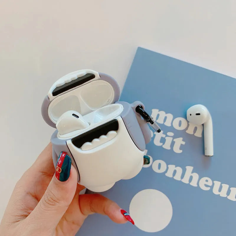 Silicone protective case cover for Apple Airpods 1 and 2 with shark fin accessory attached.