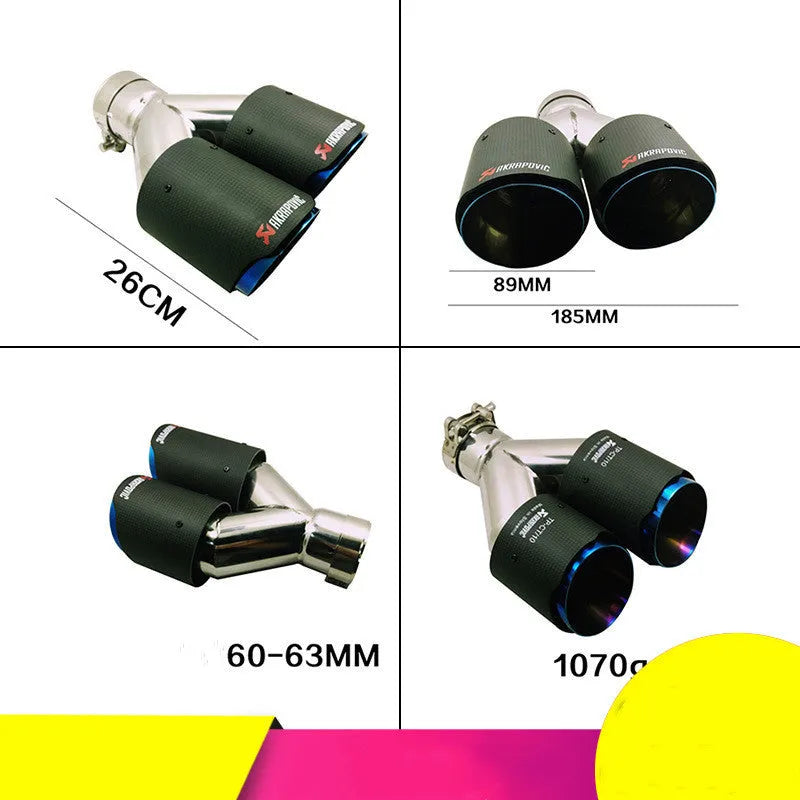 Carbon fibre double outlet blue mouth universal modified tail throat exhaust pipe 180mm diameter 260mm length black