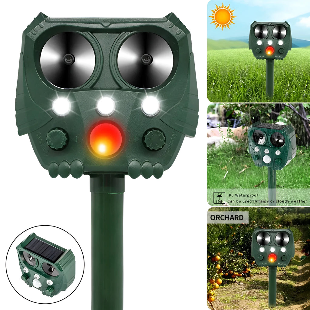 Green solar-powered ultrasonic dog repeller unit for outdoor garden protection