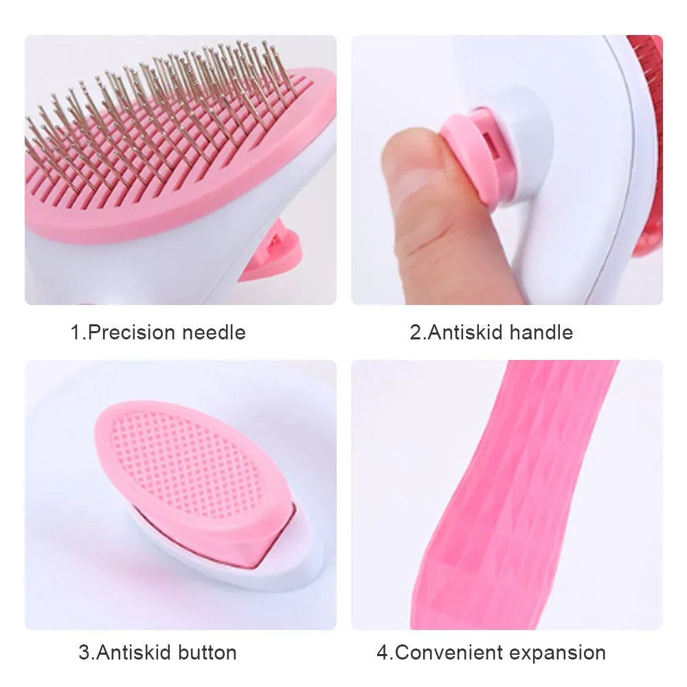 Pet self-cleaning comb with thick steel needles, blue handle, 18.5cm length, for dogs and cats