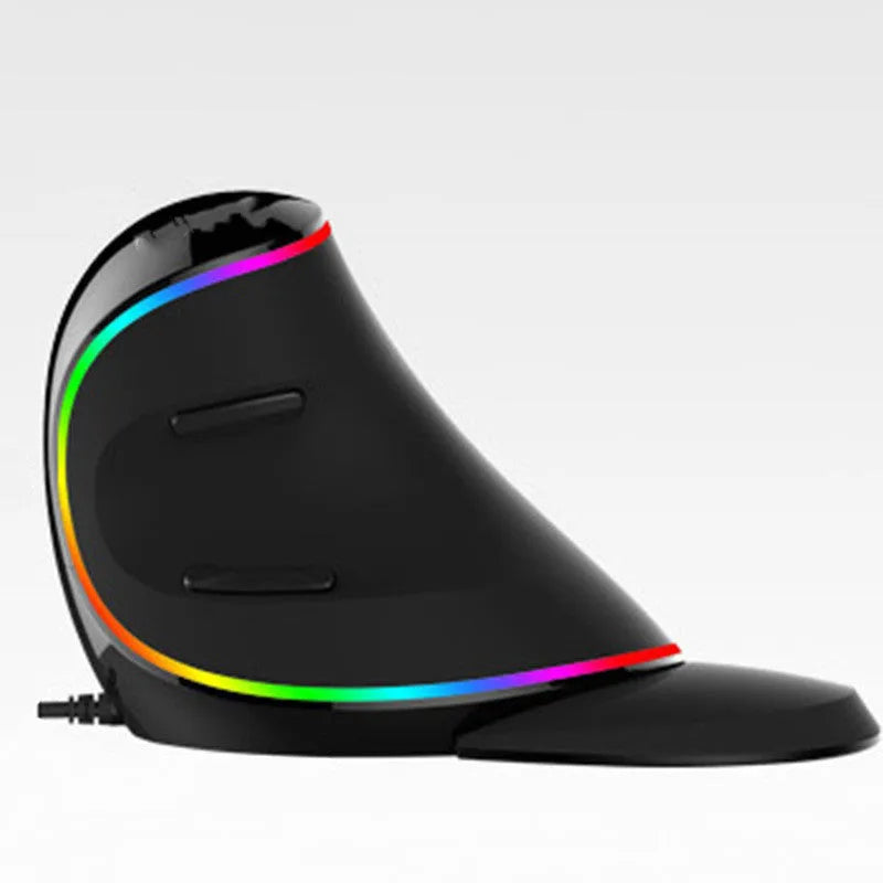 Black vertical ergonomic computer mouse with RGB lighting effects, shown with a USB cable.