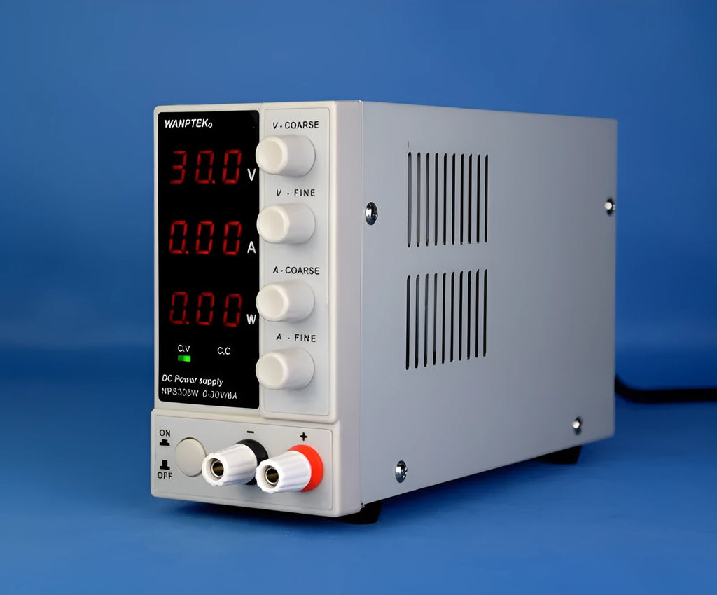 LNPS605W adjustable DC laboratory power supply unit with white casing, voltage and current controls.