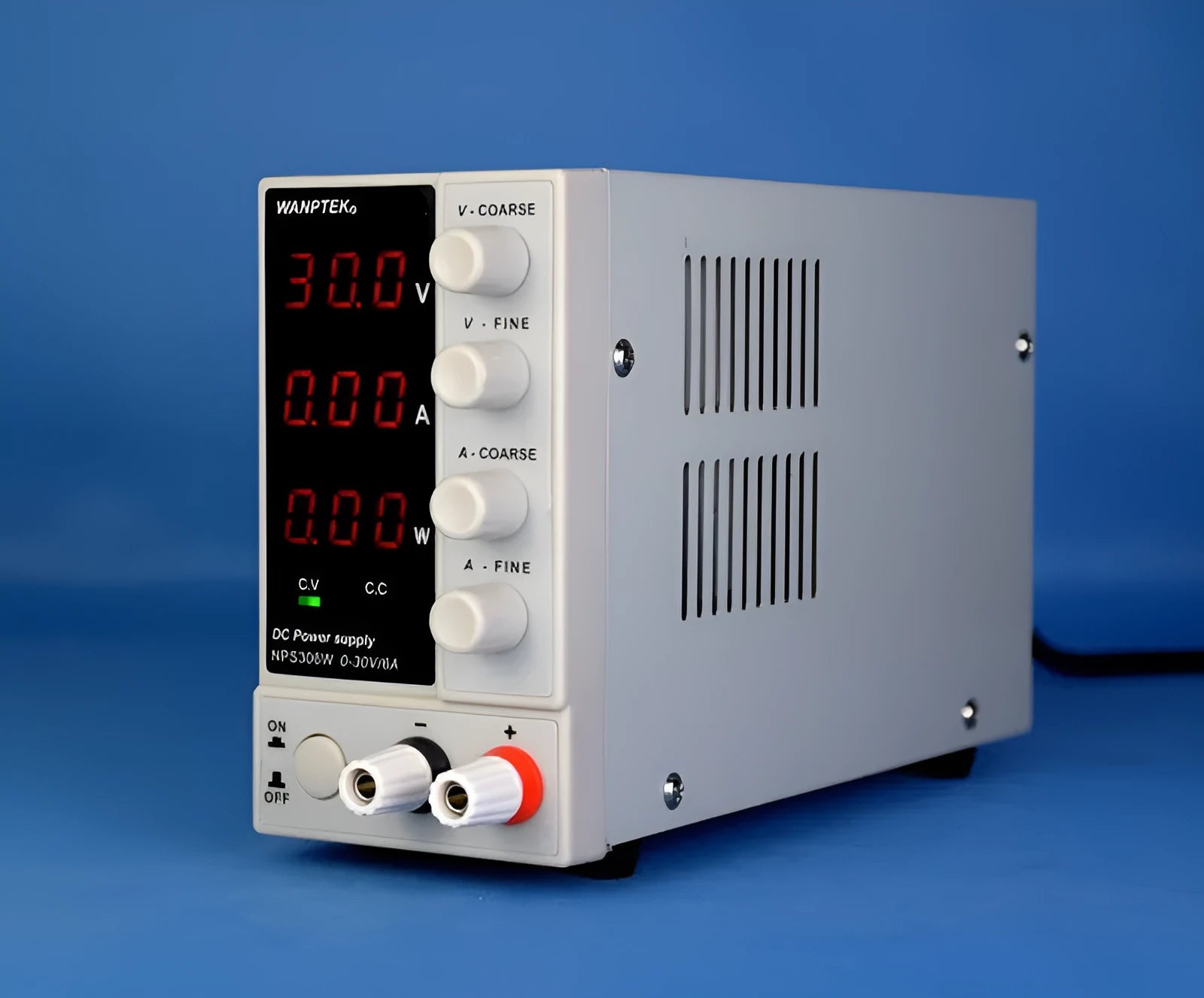 LNPS605W adjustable DC laboratory power supply unit with white casing, voltage and current controls.