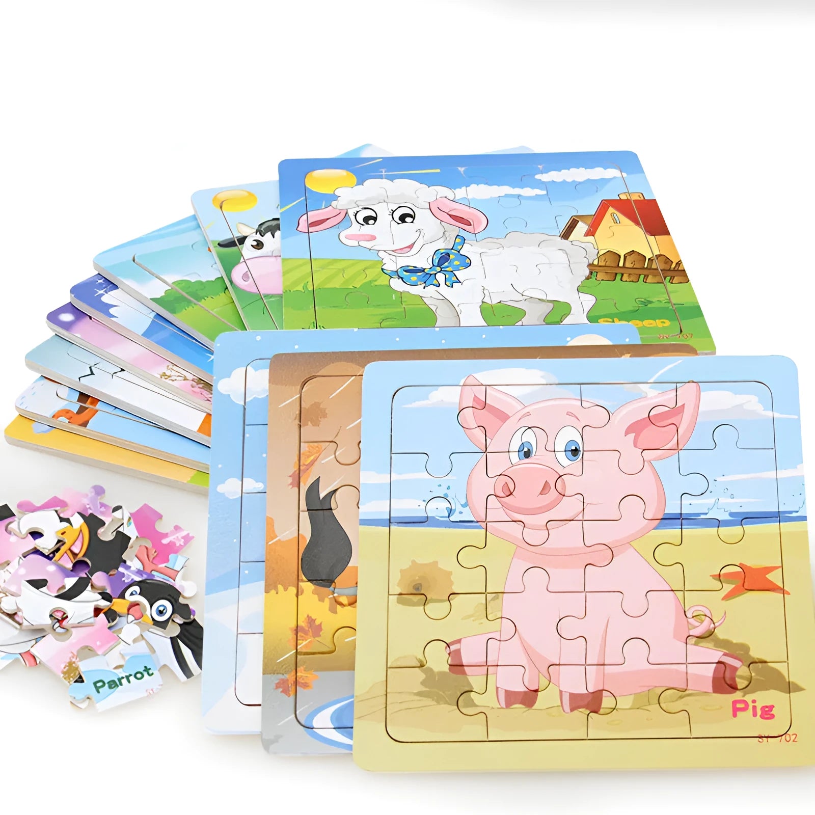 Children's poultry animal wooden puzzle with twelve splint animal pieces including cat, duck, and rooster designs