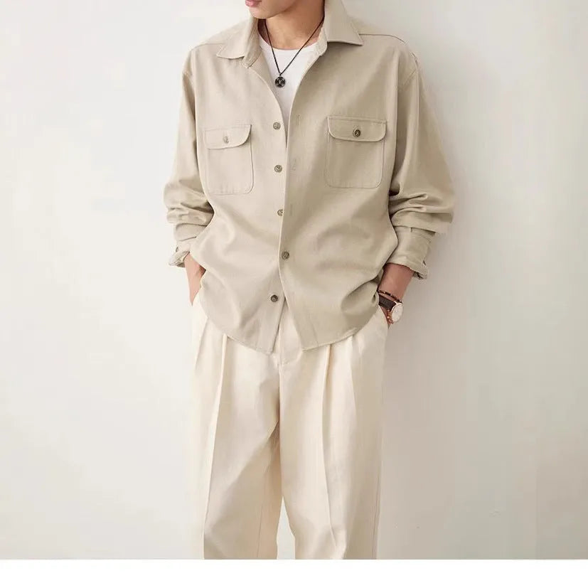 Men's casual shirt with cotton fabric lapels in Light Sand Rice colour, showing long sleeves and simple profile.