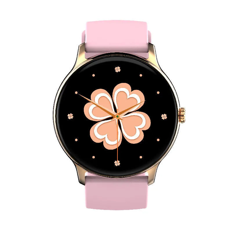 Black smart watch with blood pressure monitoring on a wrist, showing a 1.28-inch touch screen display.