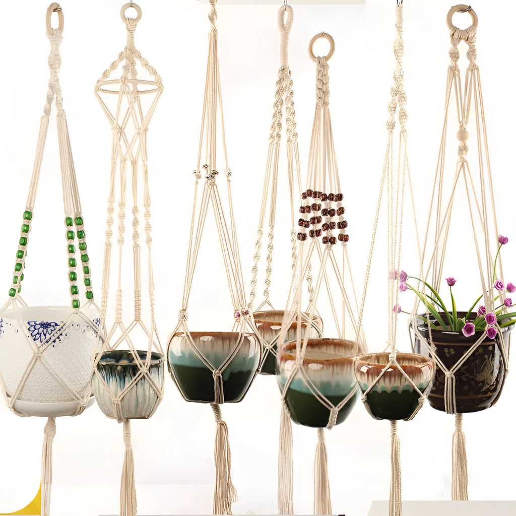 Woven wire cotton rope plant hanger macramé pot holder in European American village style