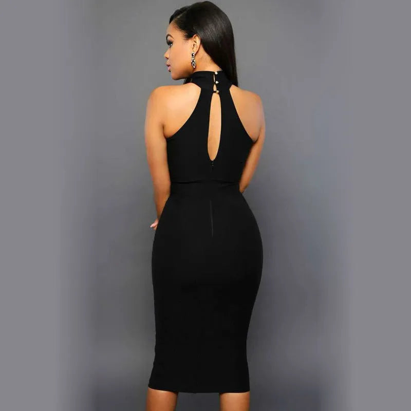 Women sleeveless black bodycon dress in milk silk fabric with polyester spandex blend