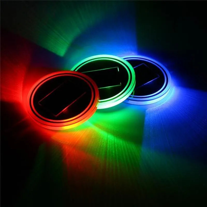 Solar powered LED cup mat with auto glow, BPA-free acrylic, diameter 7.2cm, in blue, green, pink, red options