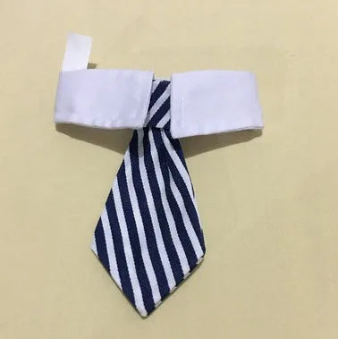 Cloth pet bow tie in red and black stripes on a dog, with S size 31cm visible