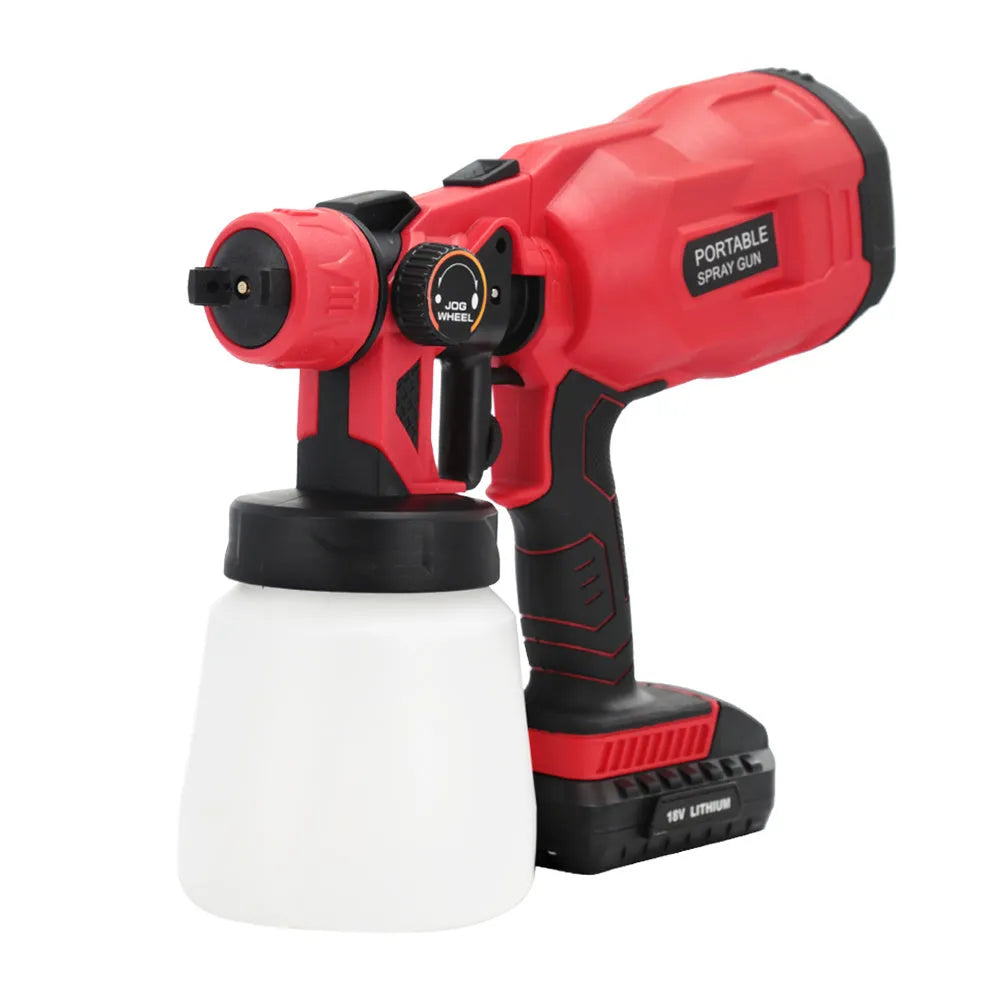 Blue cordless paint spraying machine with a large fluid tank and a detailed nozzle.
