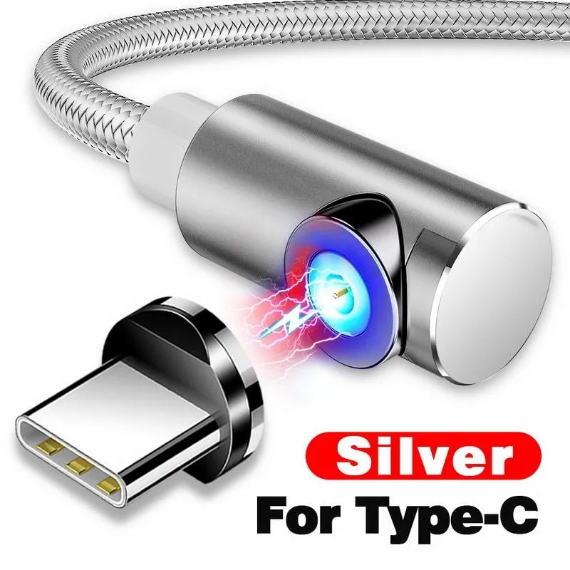 Black L-shaped magnetic charging cable with aluminium connectors for Micro USB, Lightning, and Type-C phones.