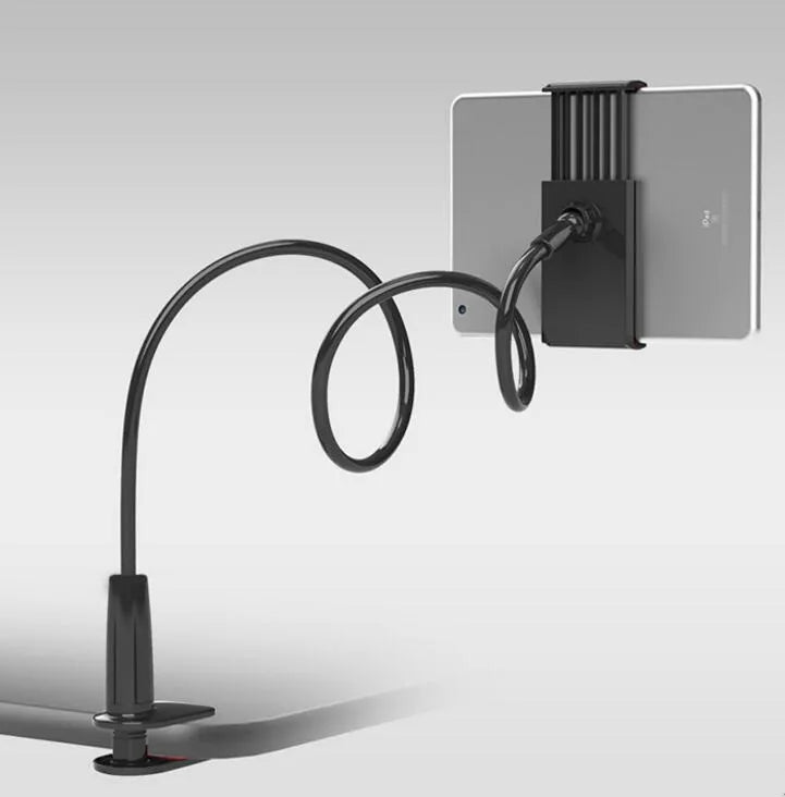 Black bedside phone holder with long arm mounted on a wooden table