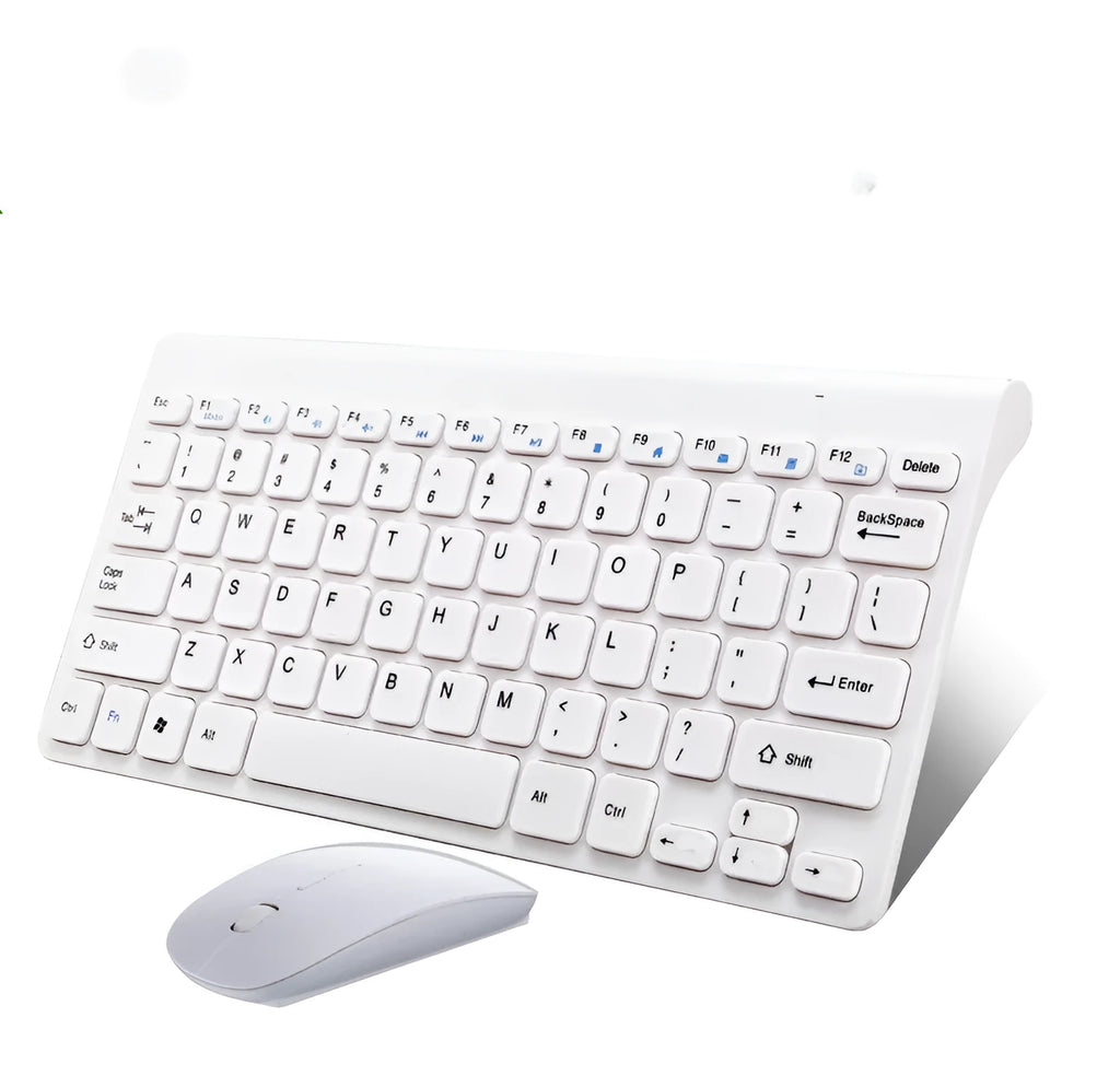 Black wireless keyboard and mouse set with USB receiver on wooden desk