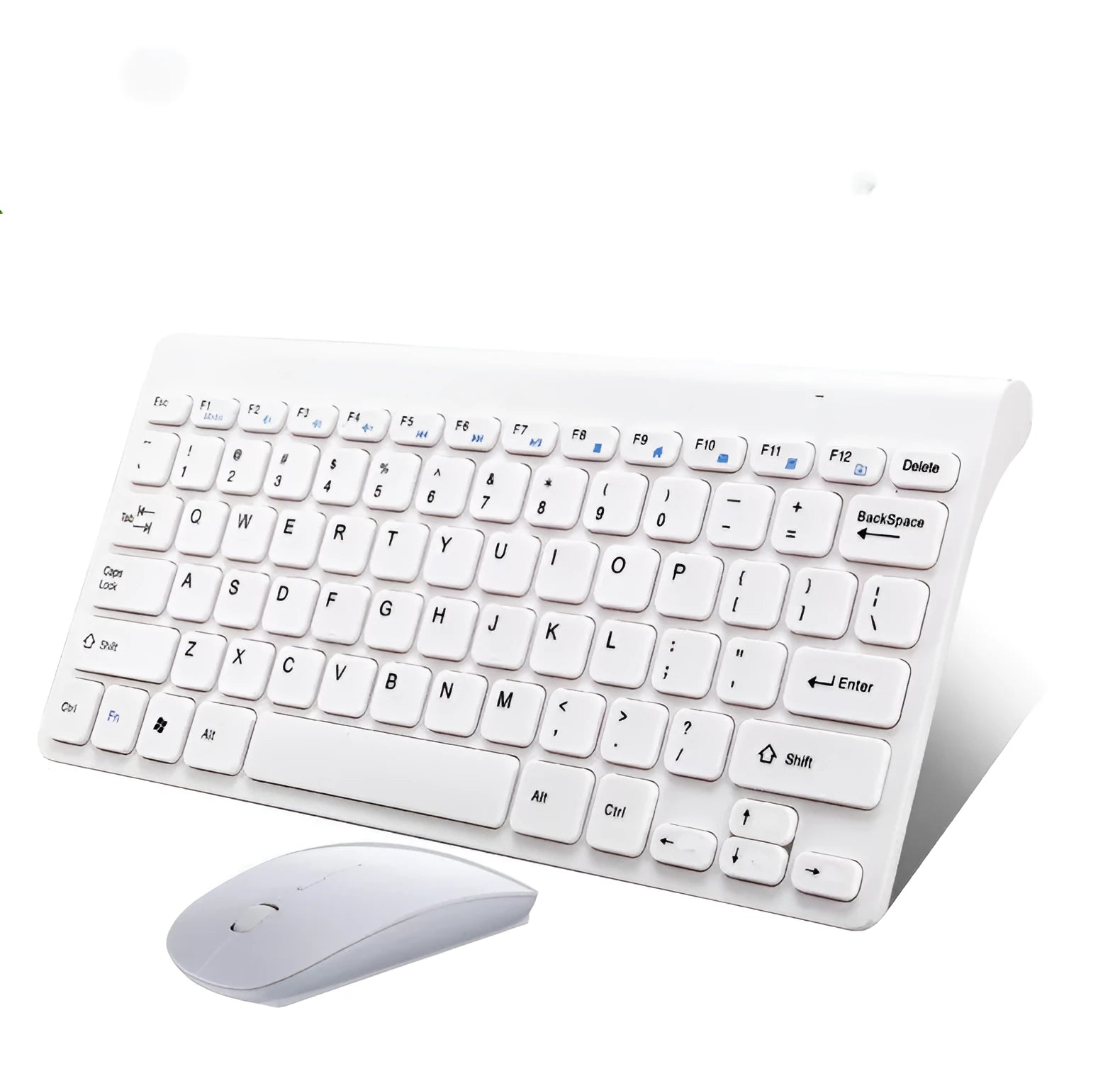 Black wireless keyboard and mouse set with USB receiver on wooden desk