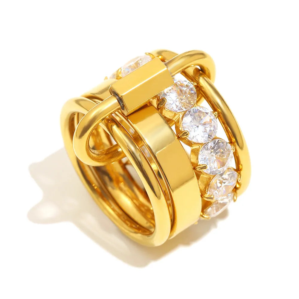 Gold multi-layer zircon ring for women in stainless steel, retro style, size No 6 or No 7