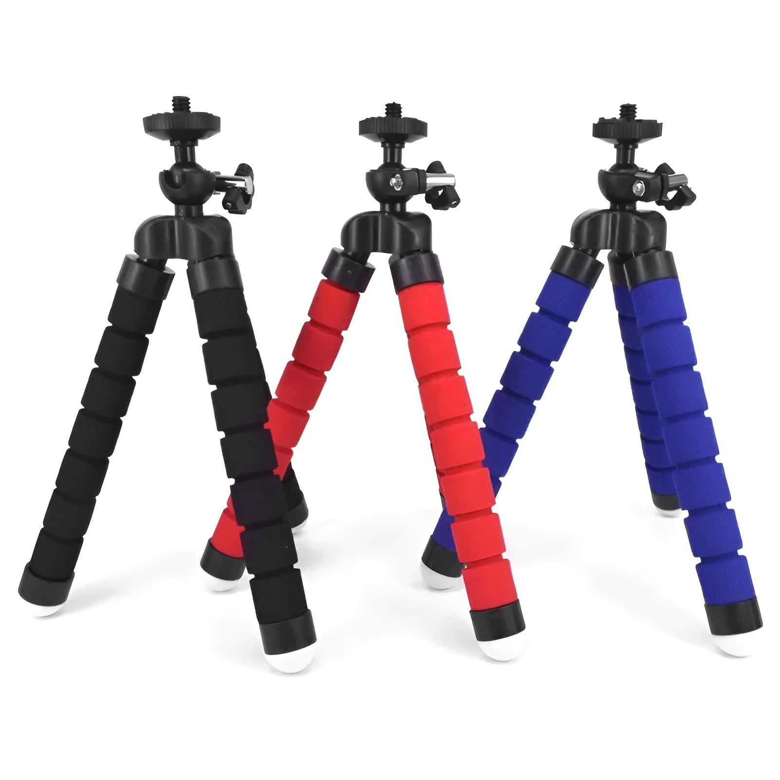 Black flexible octopus tripod with wrapped legs next to a smartphone, showing its 18cm size and universal screw mount.