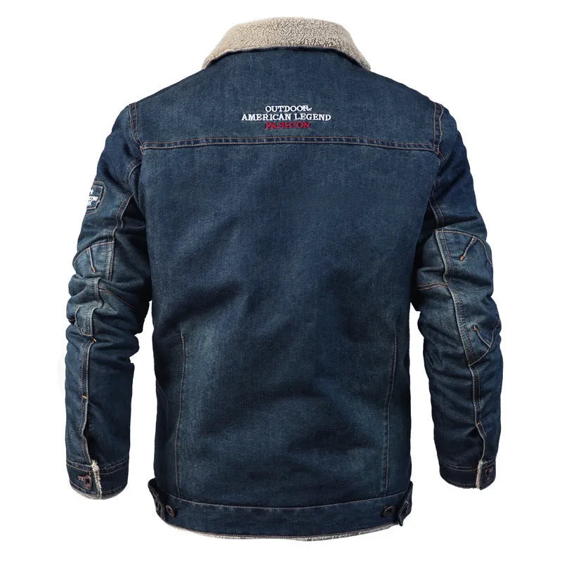 Men's casual denim jacket with lapel collar, single-breasted placket, long sleeves, loose fit, in dark blue and light blue