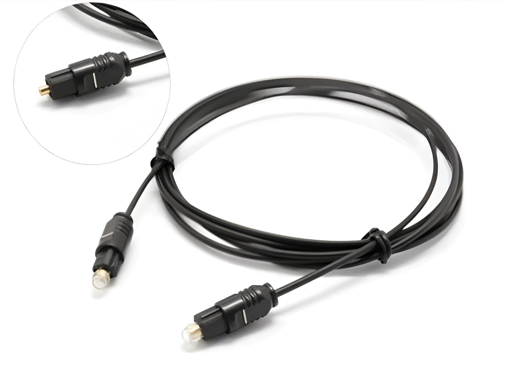 OD2.2 digital optical audio cable with TOSLINK connectors showing slim 2.2mm black PVC jacket.