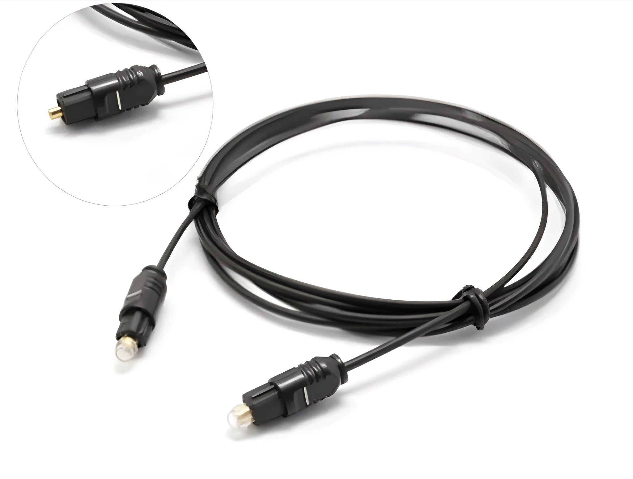 OD2.2 digital optical audio cable with TOSLINK connectors showing slim 2.2mm black PVC jacket.