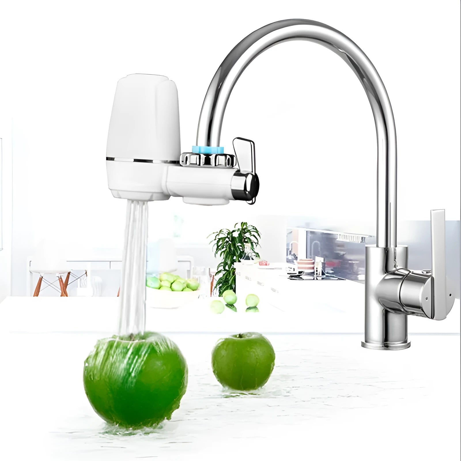 White plastic kitchen tap water filter with ceramic cartridge and universal adapter kit on a counter.