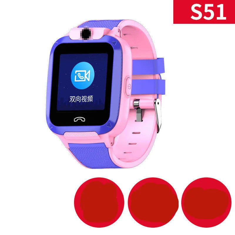 Children's smart watch with blue silicone strap showing 1.44-inch touchscreen displaying GPS and call functions